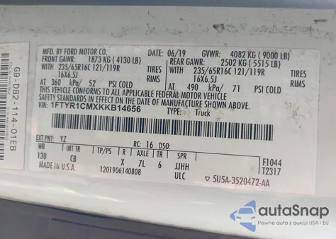 2019 Ford Transit-250 из США, поврежденный, VIN 1FTYR1CMXKKB14656